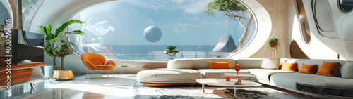 Space Age Living Room, Mid-century modern furnishings with futuristic elements, 60s space age revisited, Detailed digital rendering