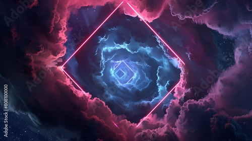 An abstract 3D rendering of a neon pink rhombus frame, with a vortex of storm clouds gathering around it, creating a portal-like appearance in the night sky, 