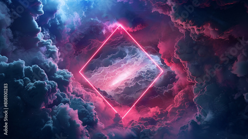 An abstract 3D rendering of a neon pink rhombus frame, with a vortex of storm clouds gathering around it, 