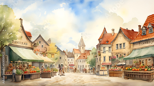 Generate a watercolor background featuring a lively farmers' market in the heart of a European village