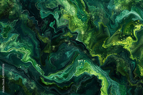 An abstract aerial view created by sprawling jade and emerald paint splashes, resembling the lush topography of a rainforest. 