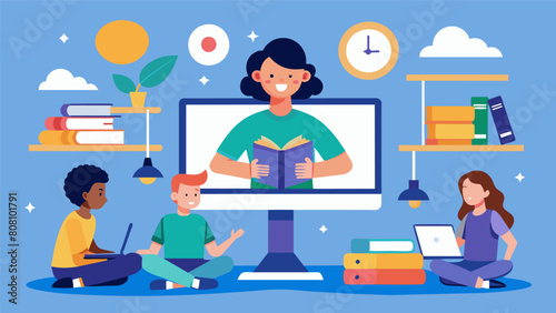 Viewers are taken inside their virtual classrooms as they balance schoolwork with their online lives.. Vector illustration