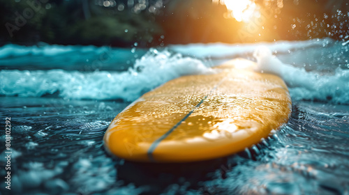 A closeup of Surfing Surfboard, against Water as background, hyperrealistic sports accessory photography, copy space