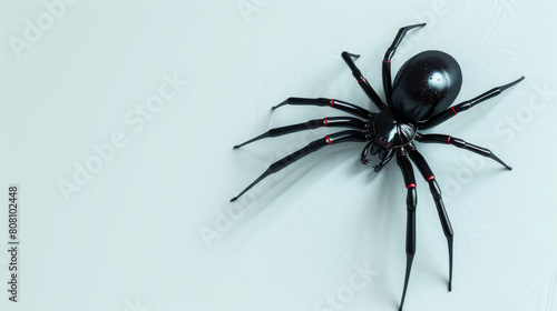 A large black spider with distinctive red markings, positioned on a clean white background, showcasing its eerie appearance.
