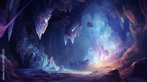 Generate a watercolor background featuring an underground cave illuminated by glowing crystals