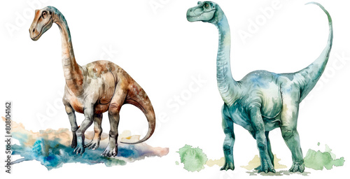 Set of watercolor diplodocus, isolated on transparent background