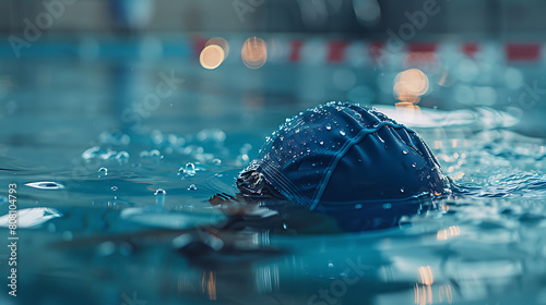 A closeup of Swimming Swim cap, against Pool as background, hyperrealistic sports accessory photography, copy space