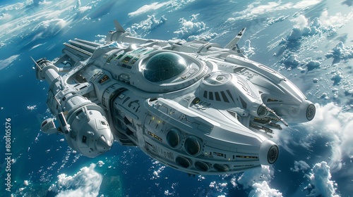 Capture the grandeur of a futuristic spaceship resembling Captain Ahabs ship in Moby Dick from a worms-eye view using stunning CG 3D techniques Emphasize intricate details and unus