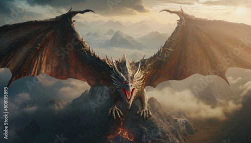 Capture the majestic flight of a dragon from a birds eye view, soaring through a rugged canyon with rays of sunlight filtering through the mist, in a breath-taking drone shot
