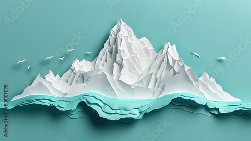 A papercut art sequence showing a snow-capped mountain progressively losing snow over time, representing global warming.