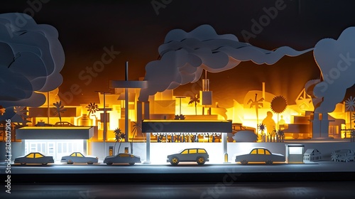 A papercut diorama of a gas station at night, with cars filling up and black paper representing the flowing fuel.