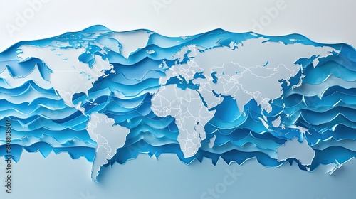 A papercut map of the world with certain areas submerged in blue paper, indicating regions affected by rising sea levels.