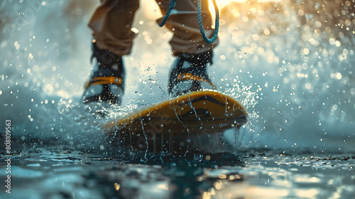 A closeup of Wakeboarding Wakeboard, against Water as background, hyperrealistic sports accessory photography, copy space