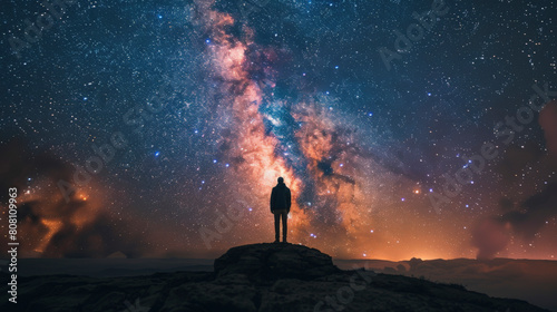 A solitary figure stands on a rocky outcrop gazing at the Milky Way's splendor stretching across the starlit sky, evoking a sense of wonder.