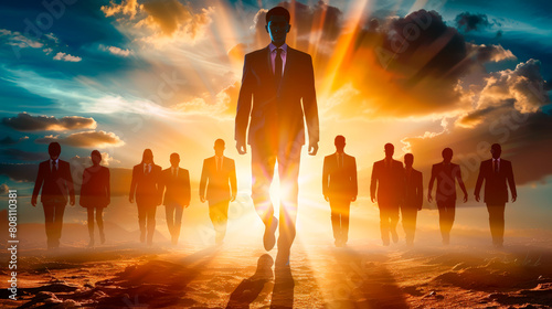 Team of successful business leaders confidently walks towards the rising sun