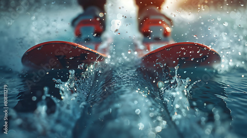 A closeup of Water Skiing Water skis, against Water as background, hyperrealistic sports accessory photography, copy space