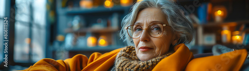 Thoughtful senior woman looking out the window, contemplating life and the future.