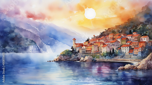 Illustrate a watercolor background capturing the calmness of a coastal village at sunset