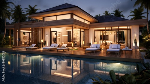 A serene atmosphere as twilight sets in over an elegantly designed villa with a peaceful pool area, stylish outdoor lighting enhancing the mood