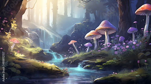 Illustrate a watercolor background of a mystical fairy glen with glowing mushrooms and a small, sparkling stream