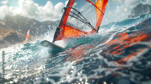 A closeup of Windsurfing Windsurfer, against Water as background, hyperrealistic sports accessory photography, copy space