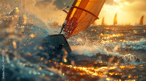 A closeup of Windsurfing Windsurfer, against Water as background, hyperrealistic sports accessory photography, copy space