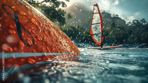 A closeup of Windsurfing Windsurf board, against Water as background, hyperrealistic sports accessory photography, copy space