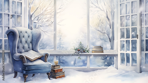 Illustrate a watercolor background of a quiet reading nook with a view of a snowy landscape outside the window
