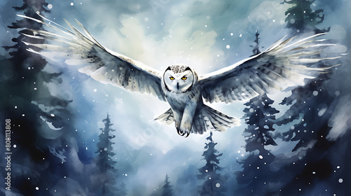 Illustrate a watercolor background of a snowy owl in flight against a full moon, with a forest silhouette below