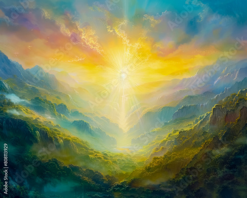 Bless A close-up depiction of a divine blessing being bestowed upon a serene landscape, radiating pure light and positivity