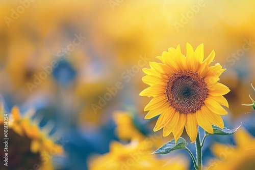 Field of sunflowers swaying gently in the breeze, their bright yellow petals turned towards the sun