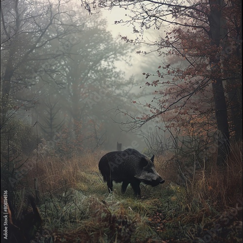 A wild boar foraging in the underbrush of a misty European woodland.