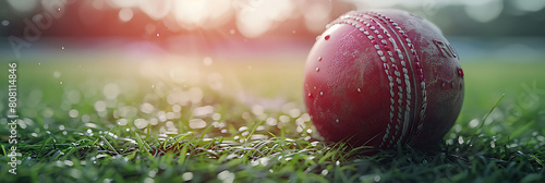 A srudio shot of Cricket Ball, against Pitch as background, hyperrealistic sports accessory photography, copy space