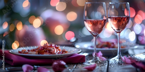 Valentine's Day Dinner: Elegant Table Setting with Gourmet Dishes and Wine. Concept Romantic Atmosphere, Fine Dining Experience, Intimate Setting, Exquisite Cuisine, Love-filled Ambiance