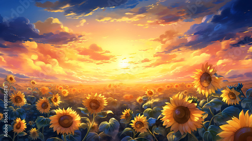 Illustrate a watercolor background of a sunflower field at sunset, with the flowers turning towards the last light
