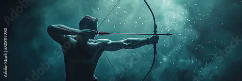 A studio shot of Archer Releasing Archery, sports photography, copy space for writing