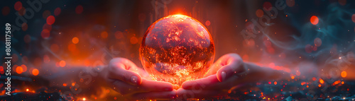 Fantasy digital painting of a hand holding a glowing crystal ball with a fiery background.
