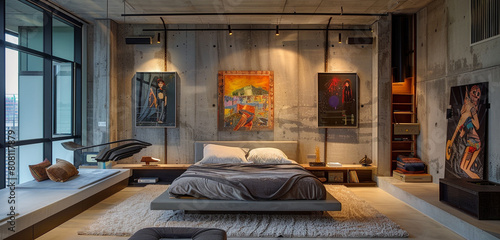 An avant-garde master bedroom in a modern loft, with concrete walls, a sculptural bed frame, and innovative, built-in storage solutions, 