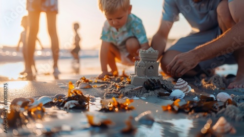 Family building sandcastles on the shore, their creations adorned with seashells and seaweed