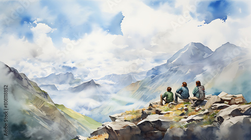 Illustrate a watercolor background of a high mountain pass with travelers resting at a scenic overlook