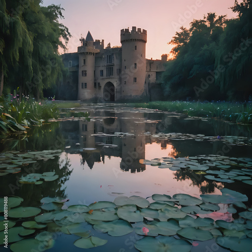 a castle with a moat and a pond with lily pads