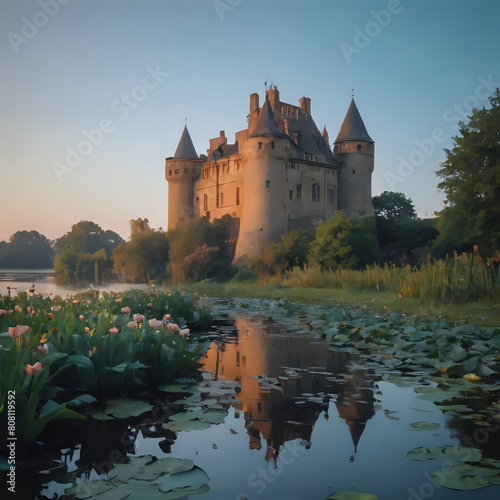 a castle with a moat and a pond in front of it