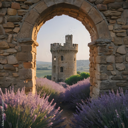 lavenders and lavenders in front of a stone archway with a tower in the background