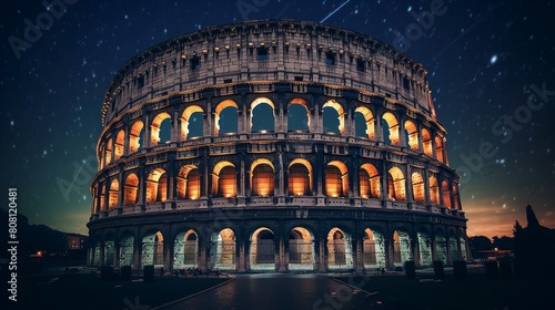 Roman coliseum during a celestial event bright stars above the arena