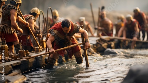 Roman Legionnaires building a temporary bridge over a rushing river