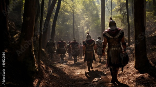 Roman Legionnaires on a long march through dense forest