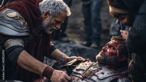 Roman Legionnaire receiving medical attention after battlefield injury