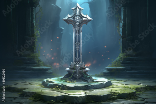 Legendary sword of heroes resting within a stone pedestal of destiny