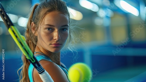 Tennis Player: Young Woman with Racket on Court