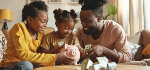 A family putting money into a piggy bank, teaching children about savings